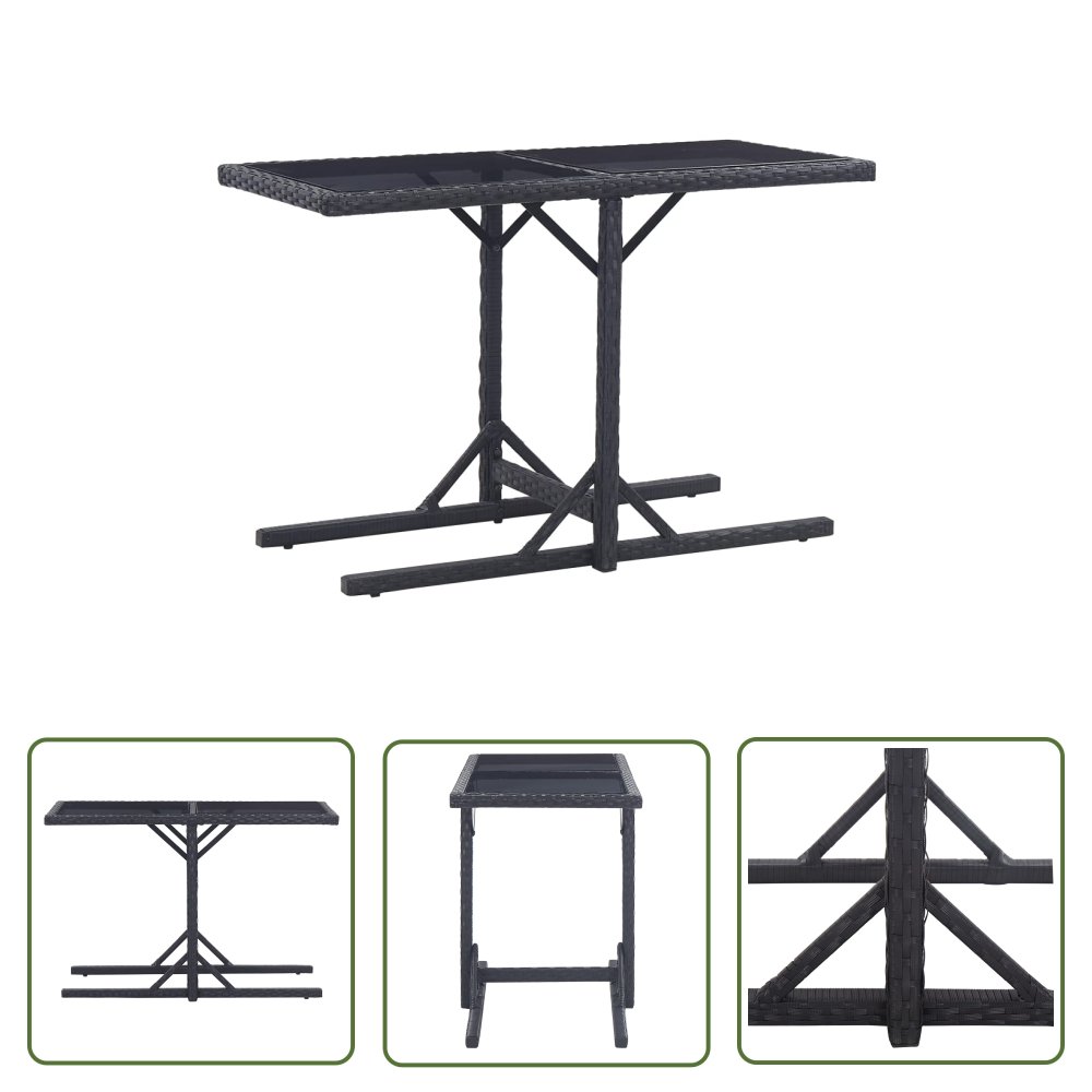The Living Store Stół ogrodowy - czarny - 110 x 53 x 72 cm - szkło i polirattan - Stół Ogrodowy