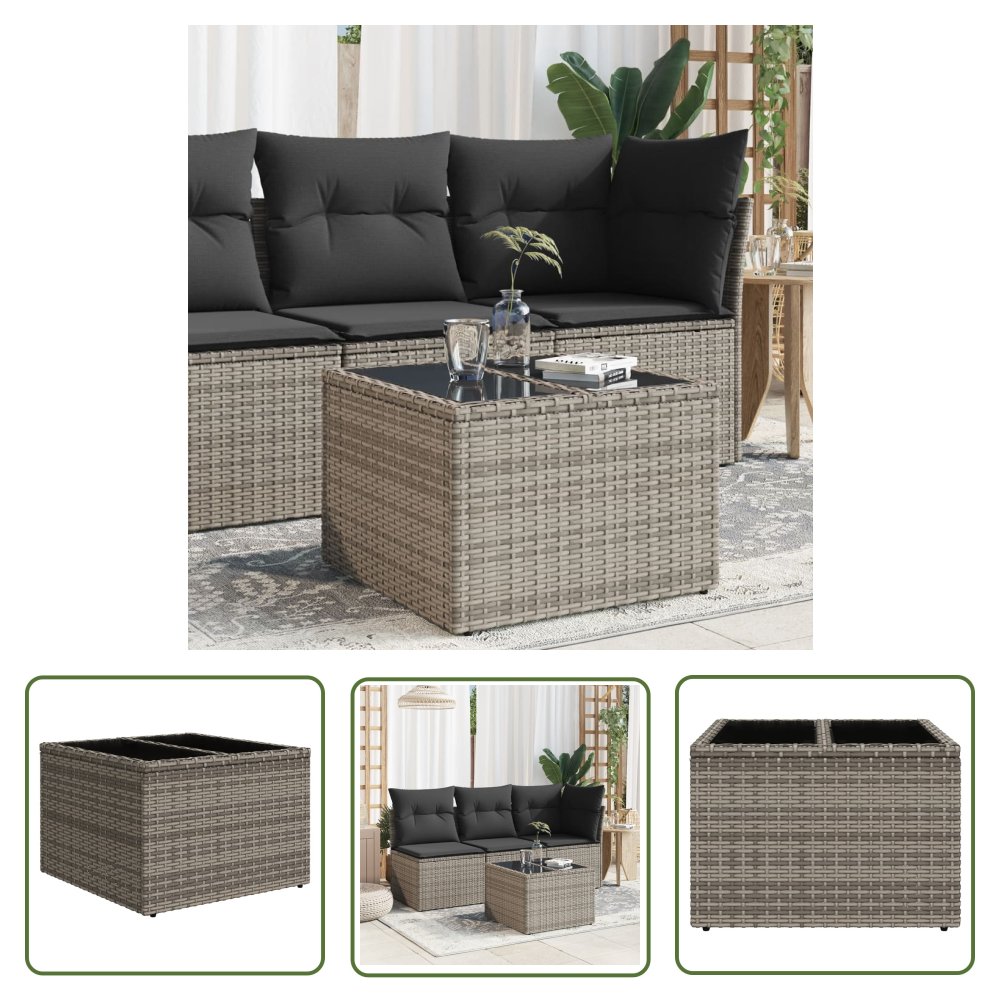 The Living Store Stół ogrodowy ze szklanym blatem - szary - 55x55x37 cm - rattan PE - Stół Ogrodowy