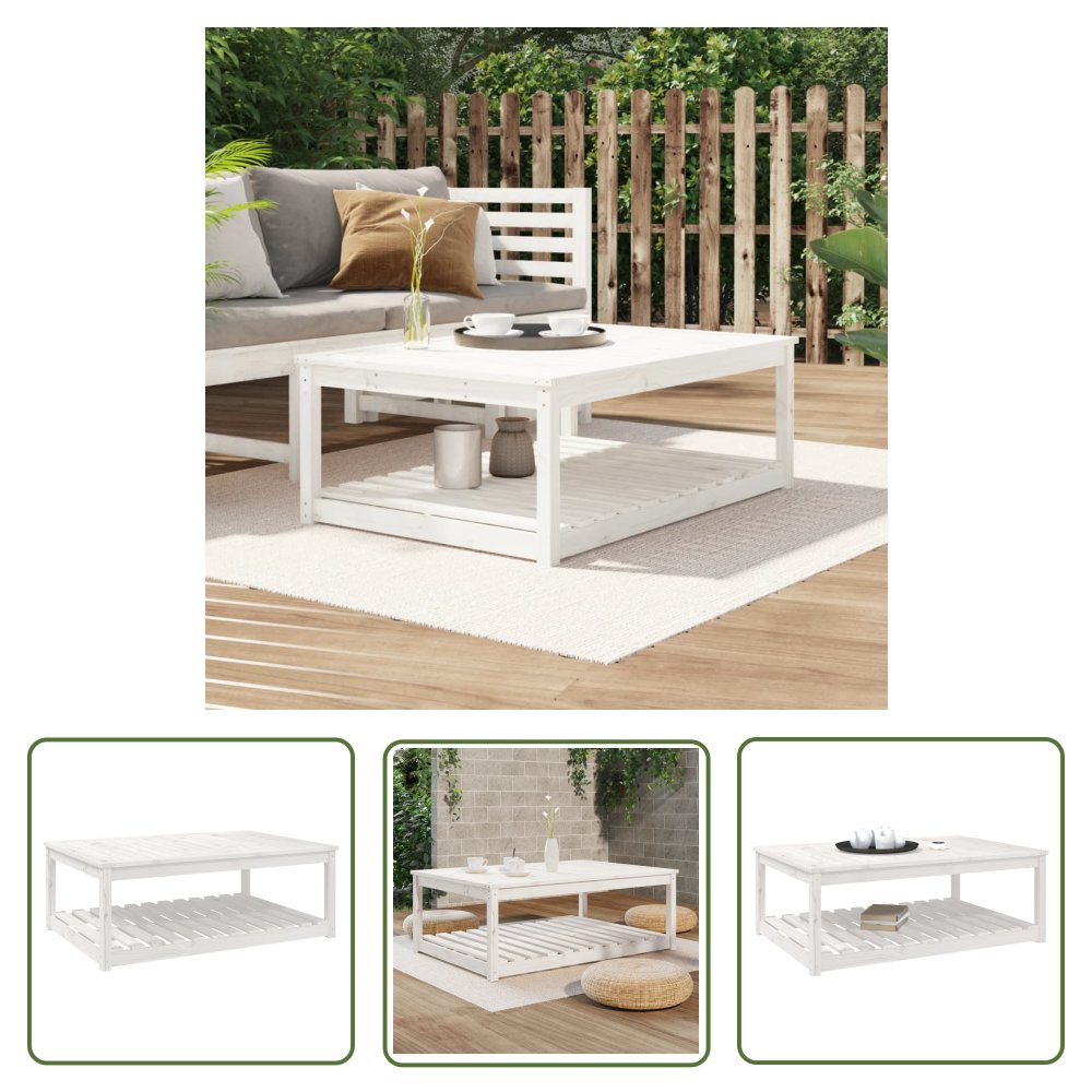 The Living Store Stolik ogrodowy - biały - 121x82 -5x45 cm - lite drewno sosnowe - Stół Ogrodowy