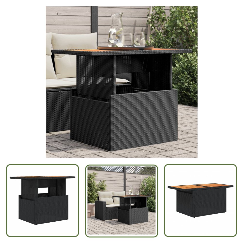 The Living Store Stół ogrodowy - czarny - 100x55x73 cm - polirattan i akacja - Stół Ogrodowy