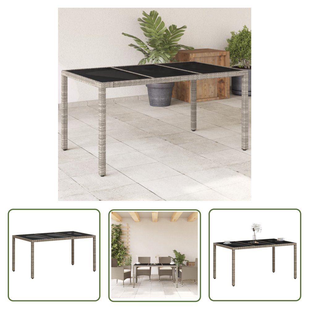 The Living Store Stół ogrodowy ze szklanym blatem - szary 150x90x75 cm - rattan PE - Stół Ogrodowy