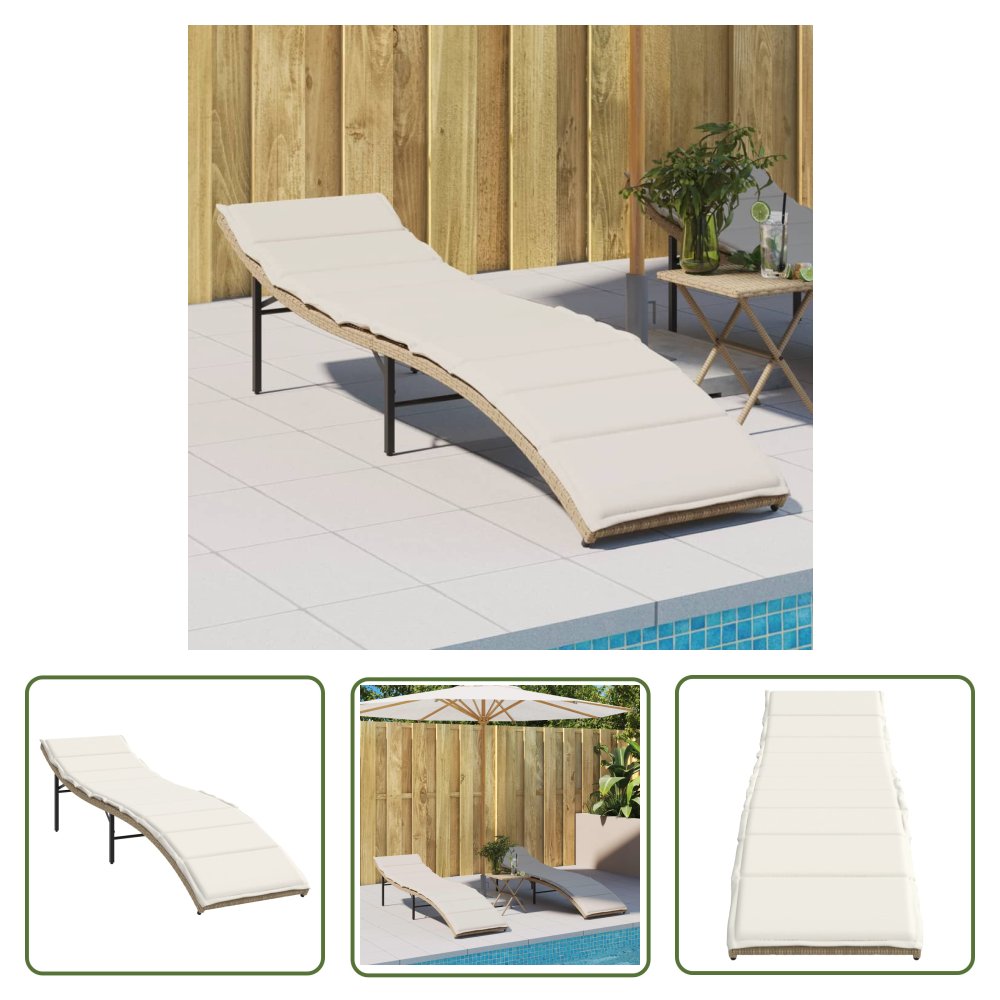 The Living Store Leżak z poduszką - beżowy - 55x199x50 cm - polirattan - Leżak