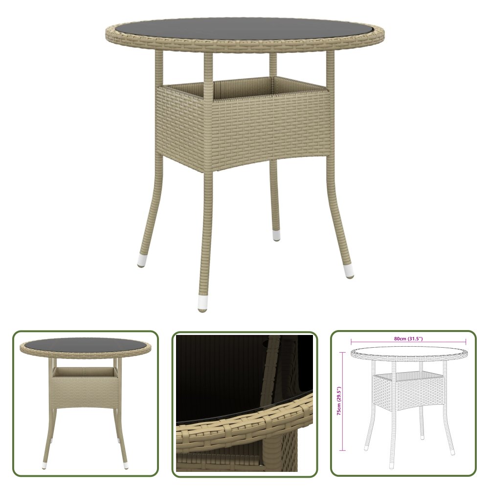 The Living Store Stolik ogrodowy - Ø80x75 cm - szkło hartowane i rattan PE - beżowy - Stół