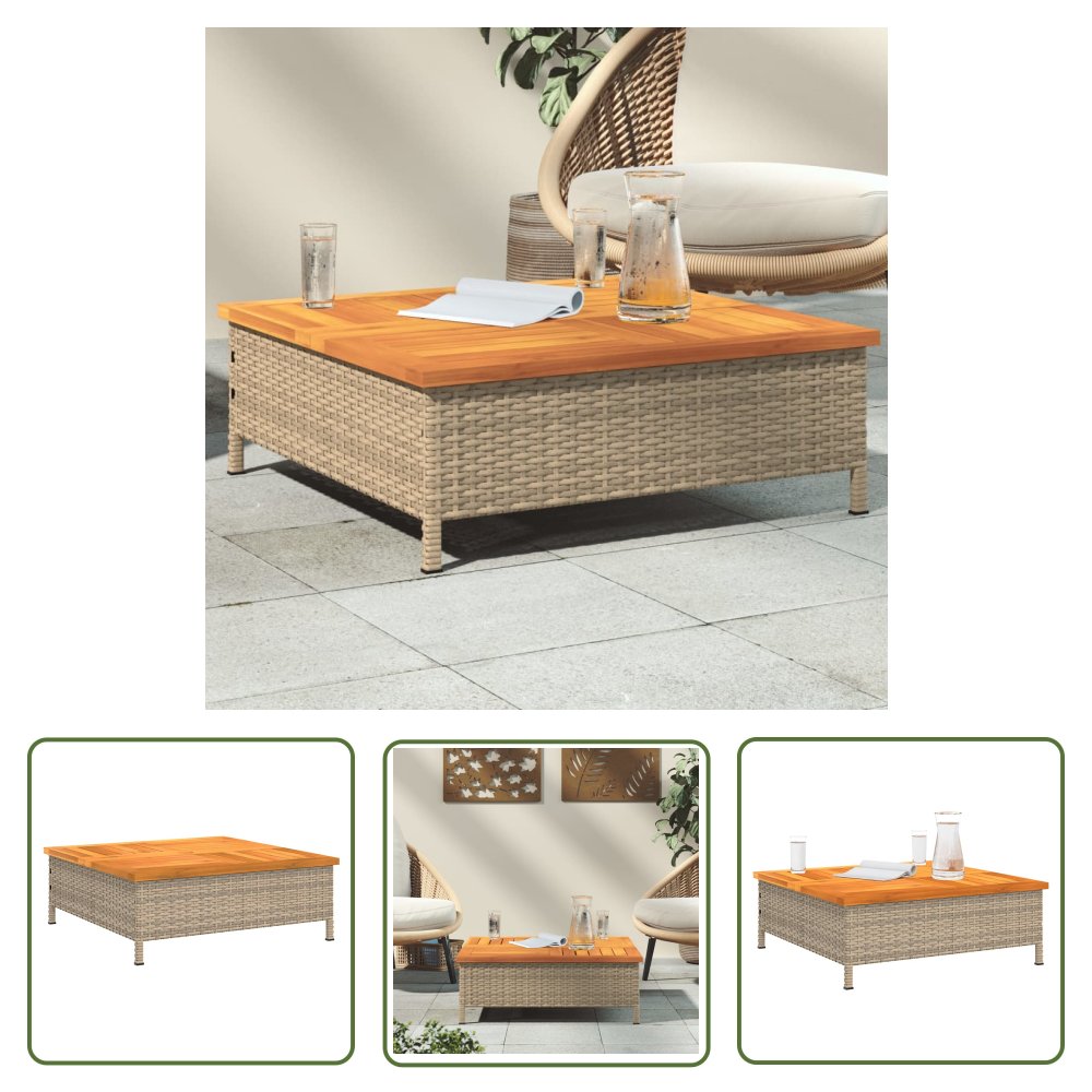 The Living Store Stolik ogrodowy - beżowy - 70x70x25 cm - rattan i drewno akacjowe - Stół Ogrodowy