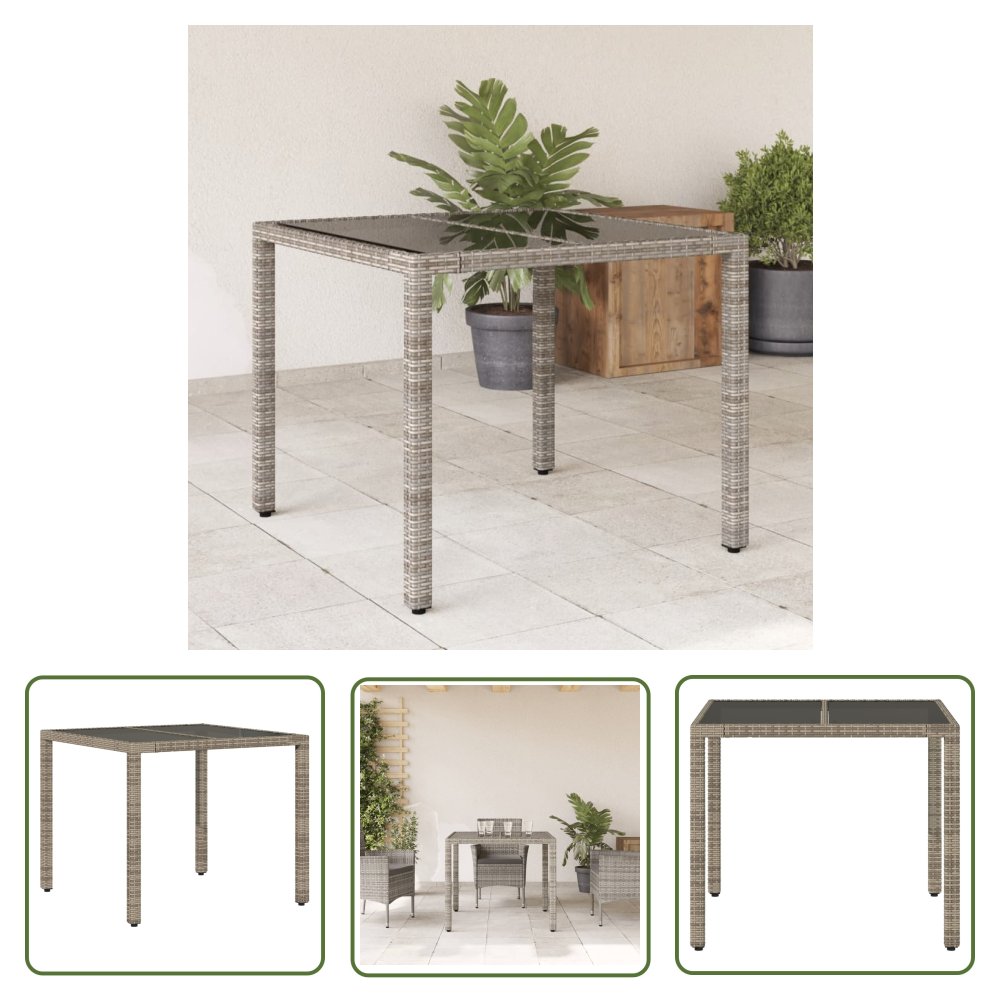 The Living Store Stół ogrodowy ze szklanym blatem - szary - 90x90x75 cm - rattan PE - Stół Ogrodowy