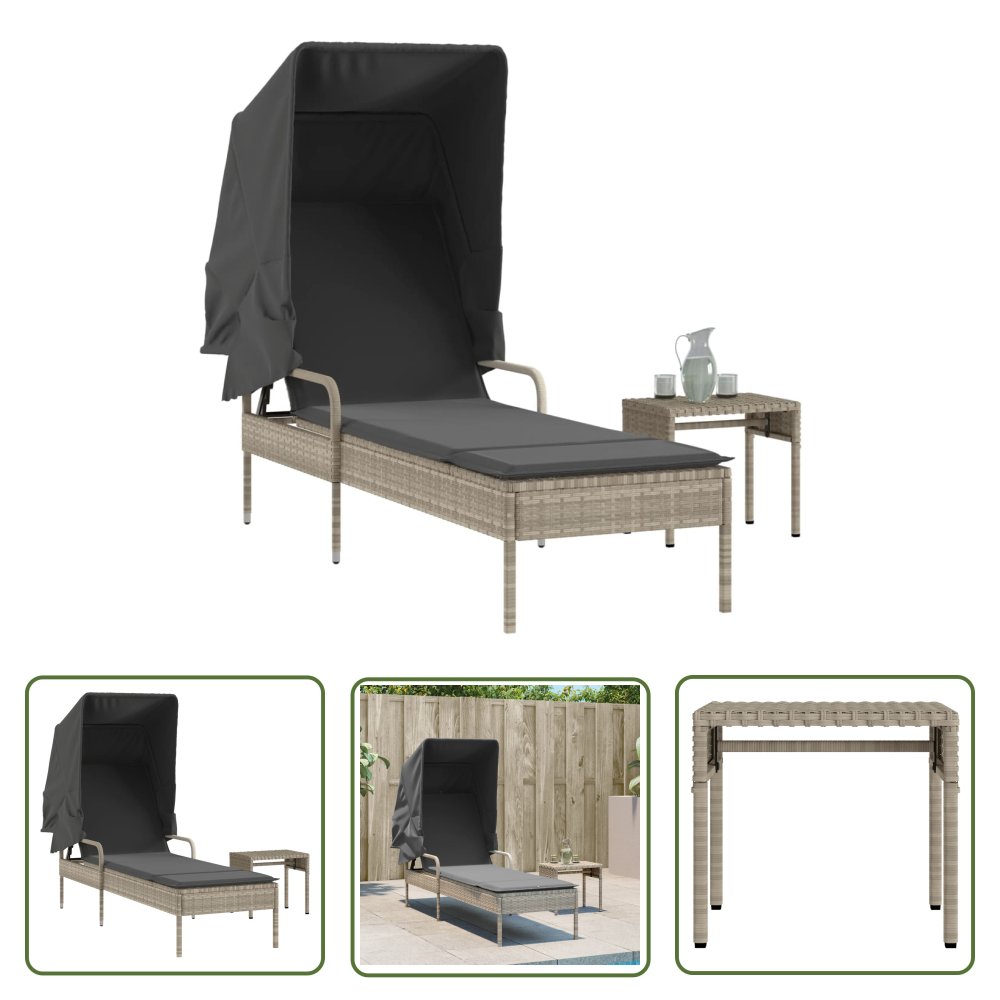The Living Store Leżanka z zadaszeniem i poduszkami - jasnoszara - polirattan - Leżak