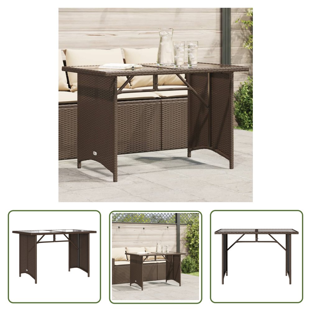 The Living Store Stół ogrodowy ze szklanym blatem - brąz - 110x68x70 - polirattan - Stół Ogrodowy