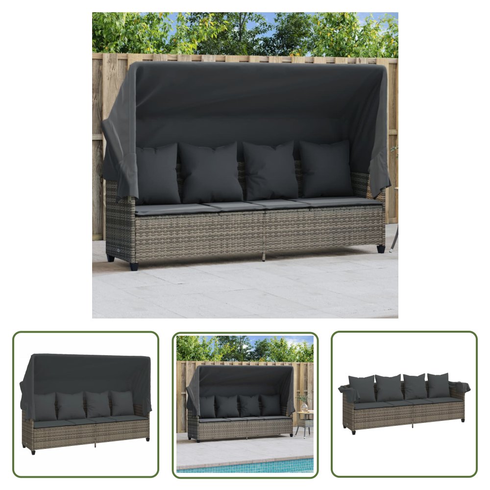 The Living Store Leżanka z zadaszeniem i poduszkami - szara - polirattan - Leżak