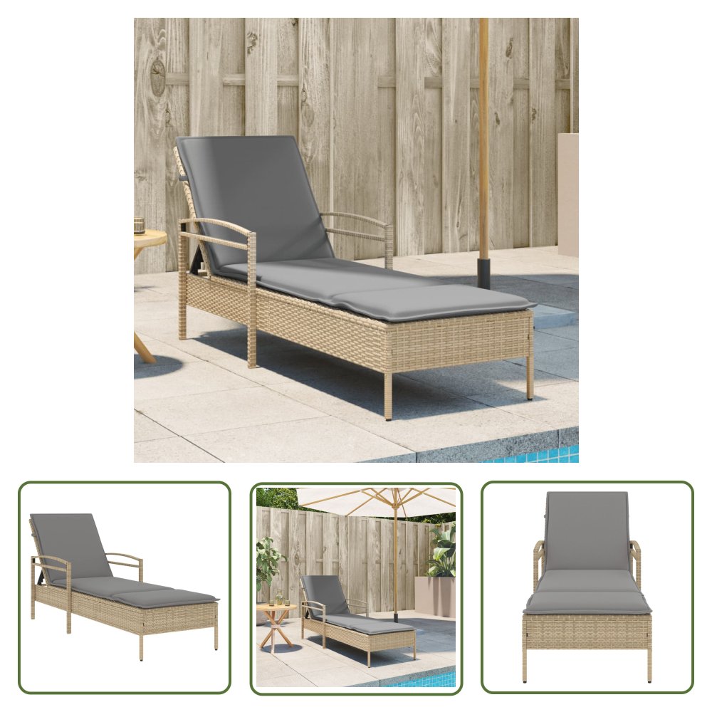 The Living Store Leżanka z poduszką - beżowa - 63x200x81 cm - polirattan - Leżak