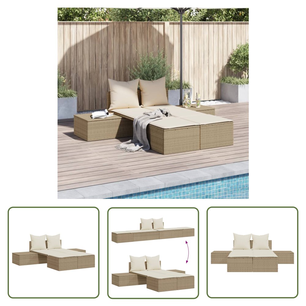 The Living Store Podwójna leżanka z poduszkami - beżowa - polirattan - Leżak