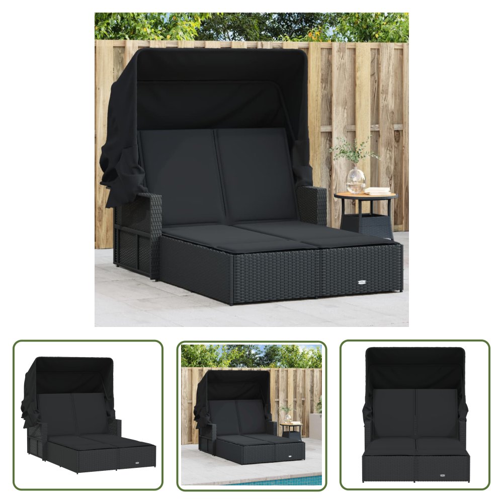 The Living Store Podwójna leżanka z zadaszeniem i poduszkami - czarna - polirattan - Leżak
