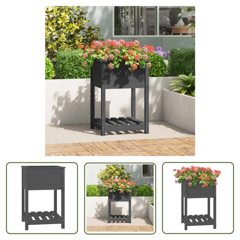 The Living Store Donica z półką - szara - 54x54x81 cm - lite drewno sosnowe - Donica Ogrodowa