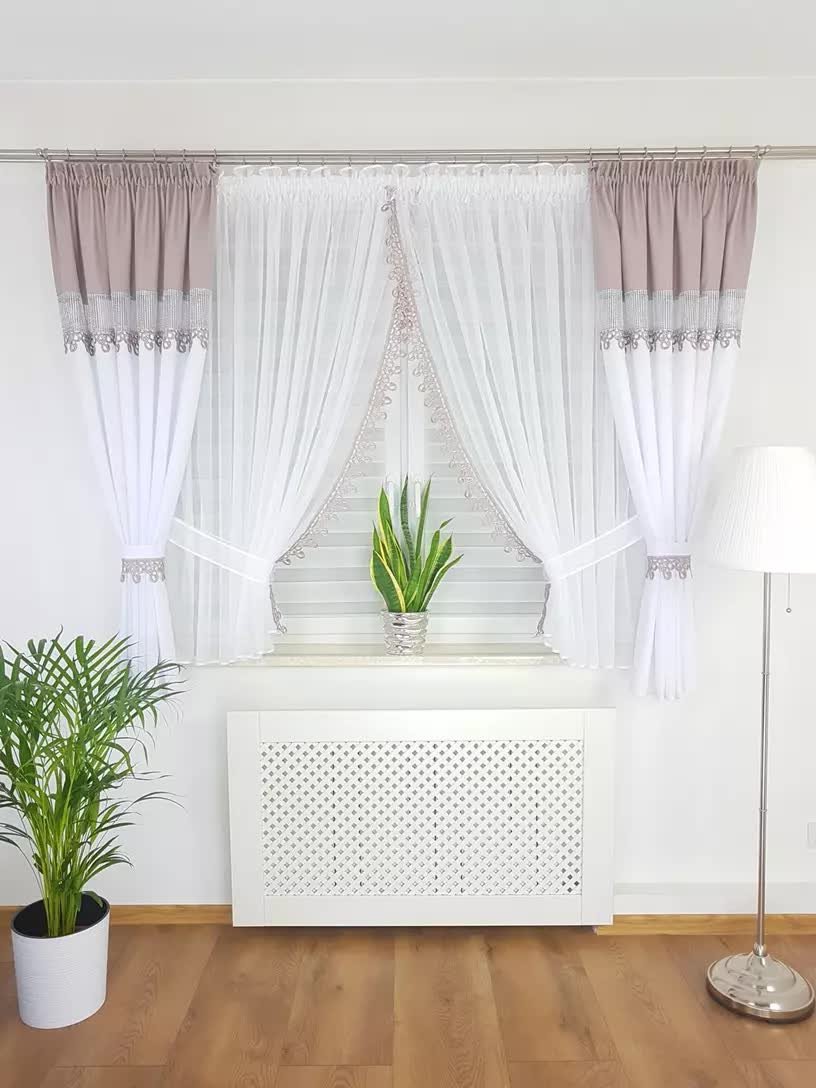 Firana z zasłonami, komplet dekoracyjny- szary wrzos, gotowy komplet