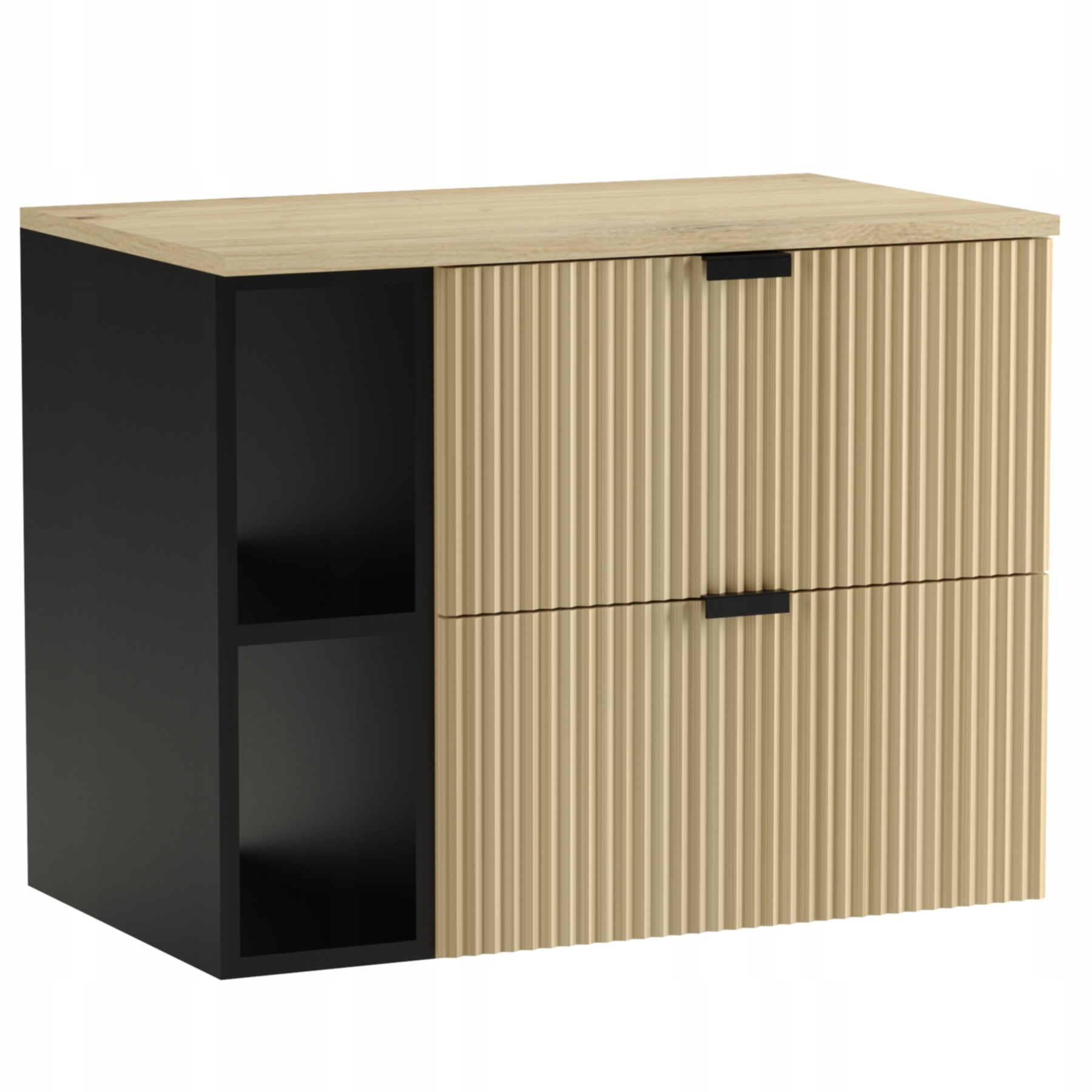 Szafka z regałem pod umywalkę 80 cm ryflowane fronty dąb artisan/czarny
