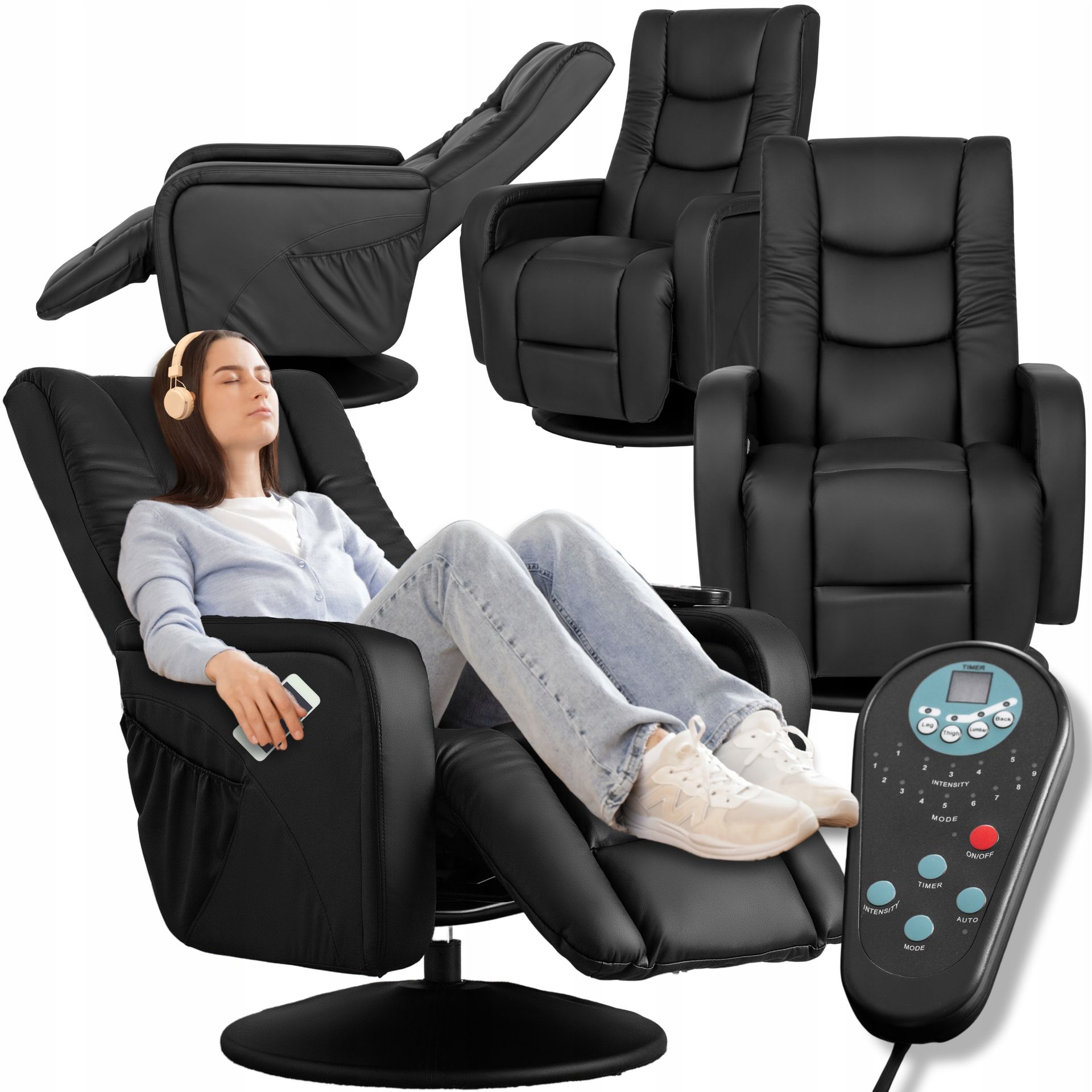 Fotel Rozkładany Masujący Wypoczynkowy z Masażem i Podnóżkiem Czarny Spike
