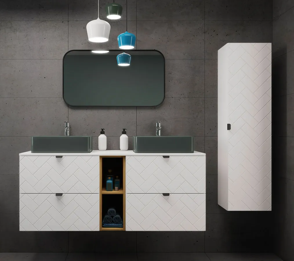 Biały nowoczesny zestaw wiszących szafek łazienkowych K5-F48