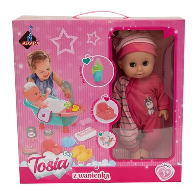Lalka Tosia z wanienką w różowym ubranku