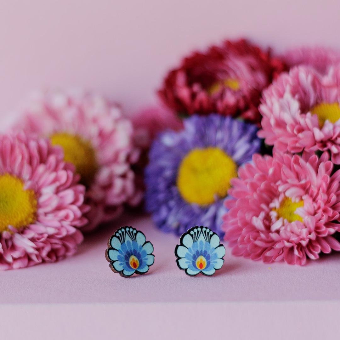 KOLCZYKI WKRĘTY FOLK - KWIATY ŁOWICKIE - NIEBIESKIE FOLKSTAR