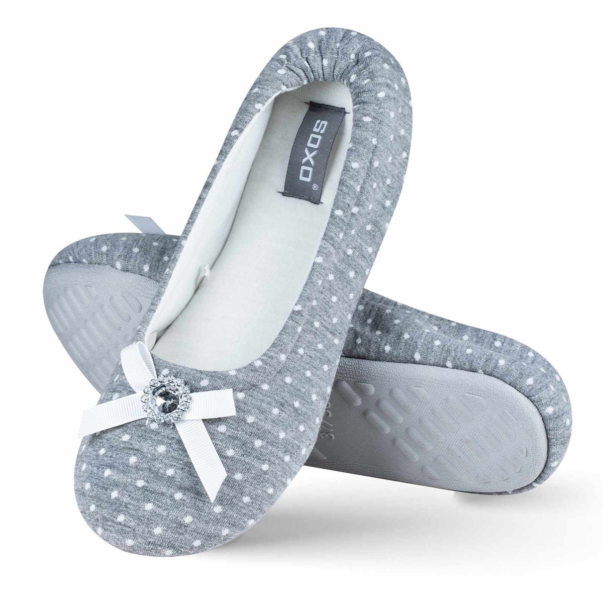 Kapcie baleriny damskie szare SOXO z kokardką i diamencikiem-37–38