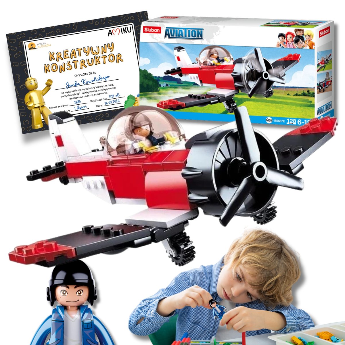 KLOCKI SLUBAN B0667E Czerwony Śmigłowiec SAMOLOT AVIATION 128 El. + DYPLOM