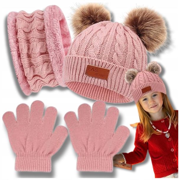 Czapka Dziecięca Komplet rękawiczki Zima komin dziecięcy prążek zestaw Pink