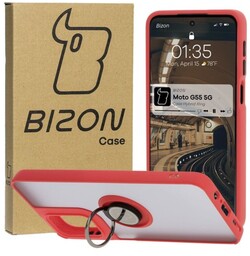 Bizon Etui z uchwytem na palec Case Hybrid Ring do Motorola Moto G55 5G, przydymione z czerwoną ramką