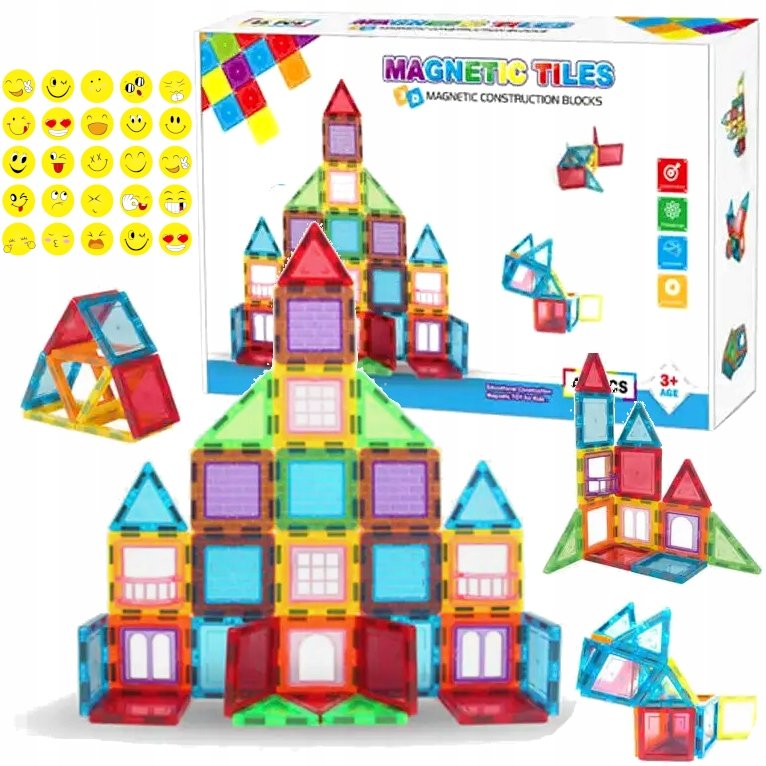 EDUKACYJNE KLOCKI MAGNETYCZNE KONSTRUKCYJNE ZESTAW 45 EL. + naklejki emoji