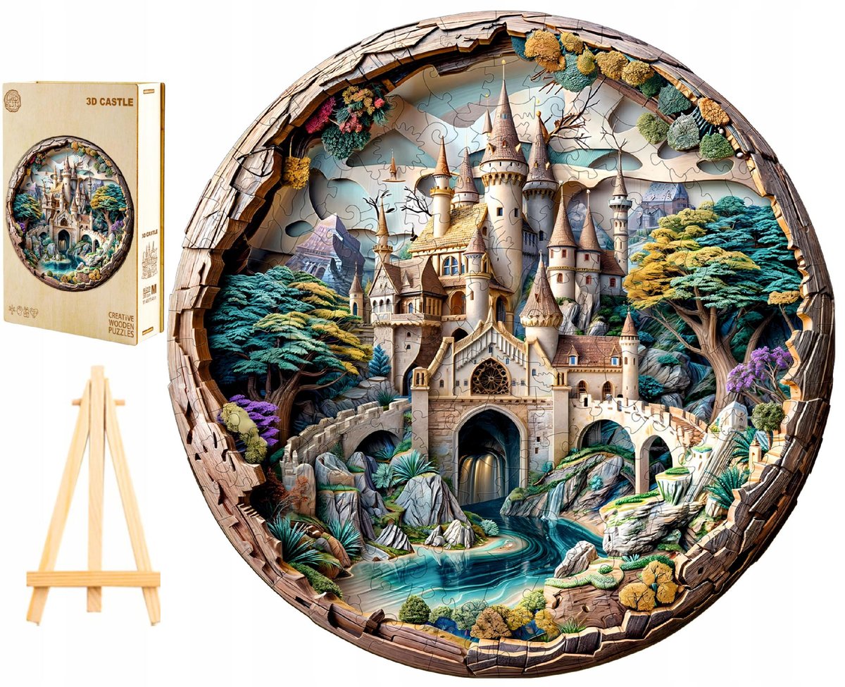 PUZZLE DREWNIANE DUŻE 300 ELEMENTÓW W DREWNIANYM PUDEŁKU BAŚNIOWY ZAMEK 3D