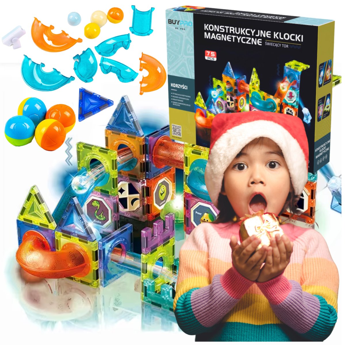 ŚWIECĄCE KLOCKI KONSTRUKCYJNE MAGNETYCZNE KOLOROWE TOR KULKOWY 75 elementów
