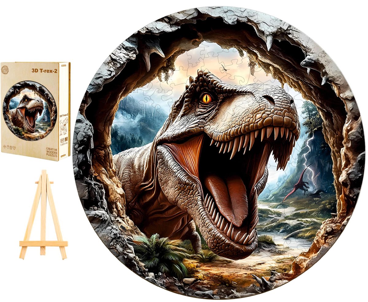 PUZZLE DREWNIANE DUŻE 290 ELEMENTÓW W DREWNIANYM PUDEŁKU T-REX DINOZAUR 3D