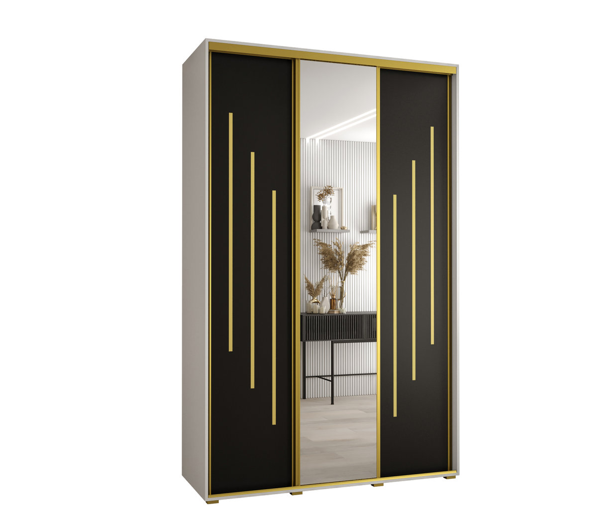 Szafa przesuwna wysoka Davos 9 150 gł. 45 biały + czarny + złoty / Abiks Meble