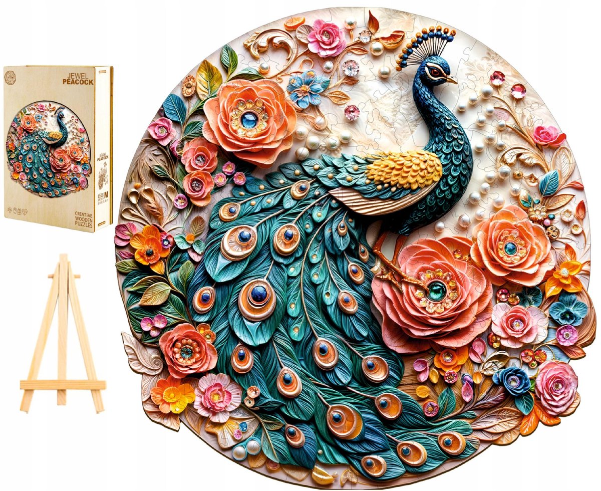 PUZZLE DREWNIANE DUŻE 300 ELEMENTÓW W DREWNIANYM PUDEŁKU PAWIE KLEJNOTY