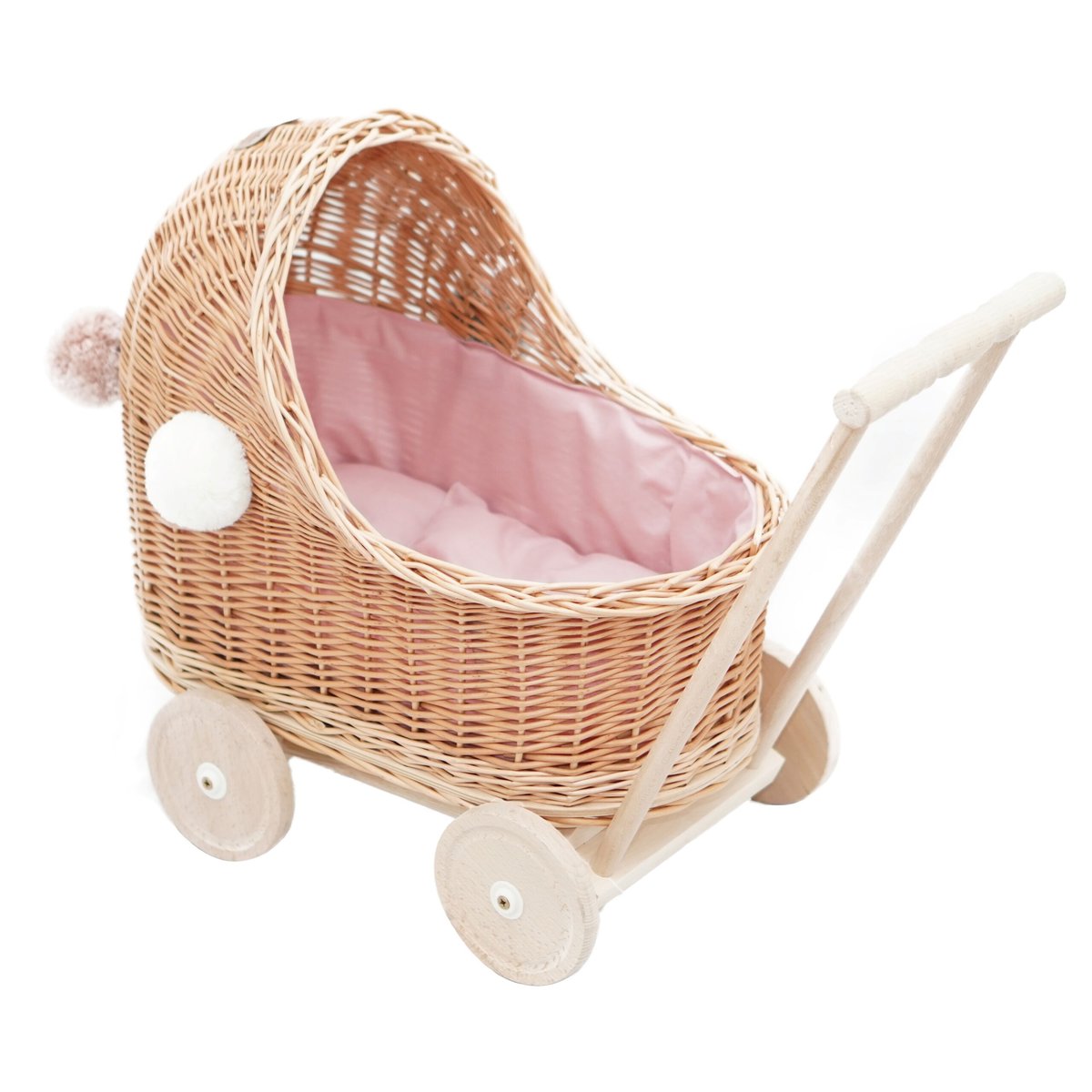 Wózek wiklinowy dla lalek naturalny niski + pompony i obszycie różowe,