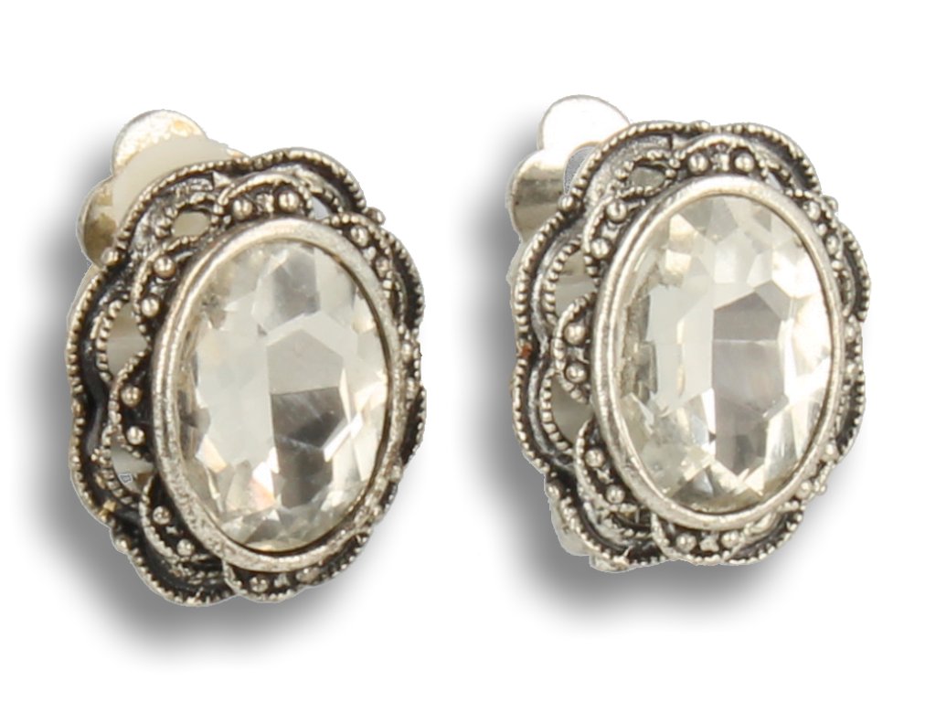 Klipsy do uszu srebrne z białym kryształem, vintage
