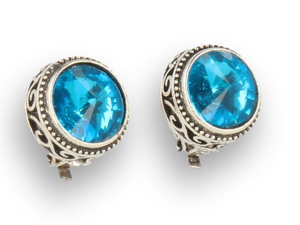 Klipsy do uszu srebrne z turkusowym kryształkiem, okrągłe