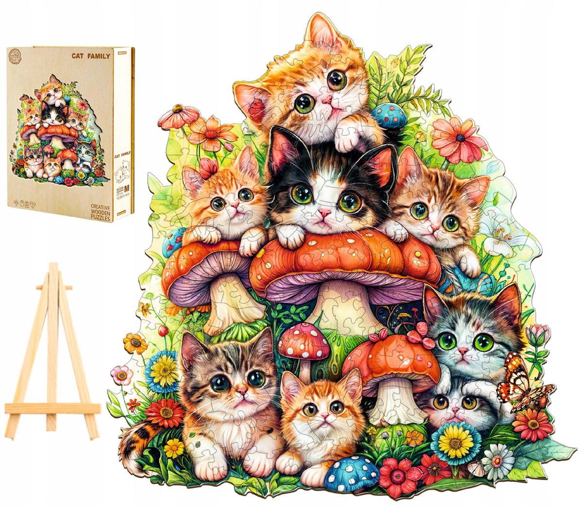 PUZZLE DREWNIANE DUŻE 270 ELEMENTÓW KOCIA RODZINKA W DREWNIANYM PUDEŁKU