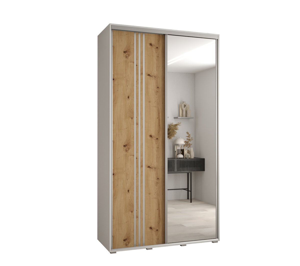 Szafa przesuwna wysoka Davos 7 130 gł. 45 biały + artisan + srebrny / Abiks Meble