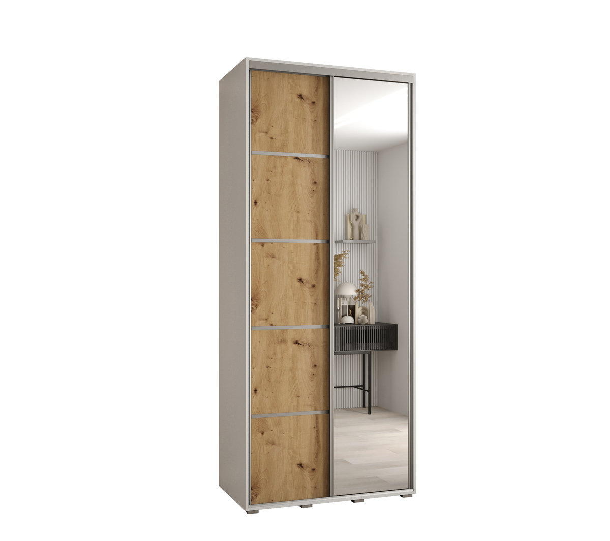 Szafa przesuwna wysoka Davos 5 110 gł. 60 biały + artisan + srebrny / Abiks Meble