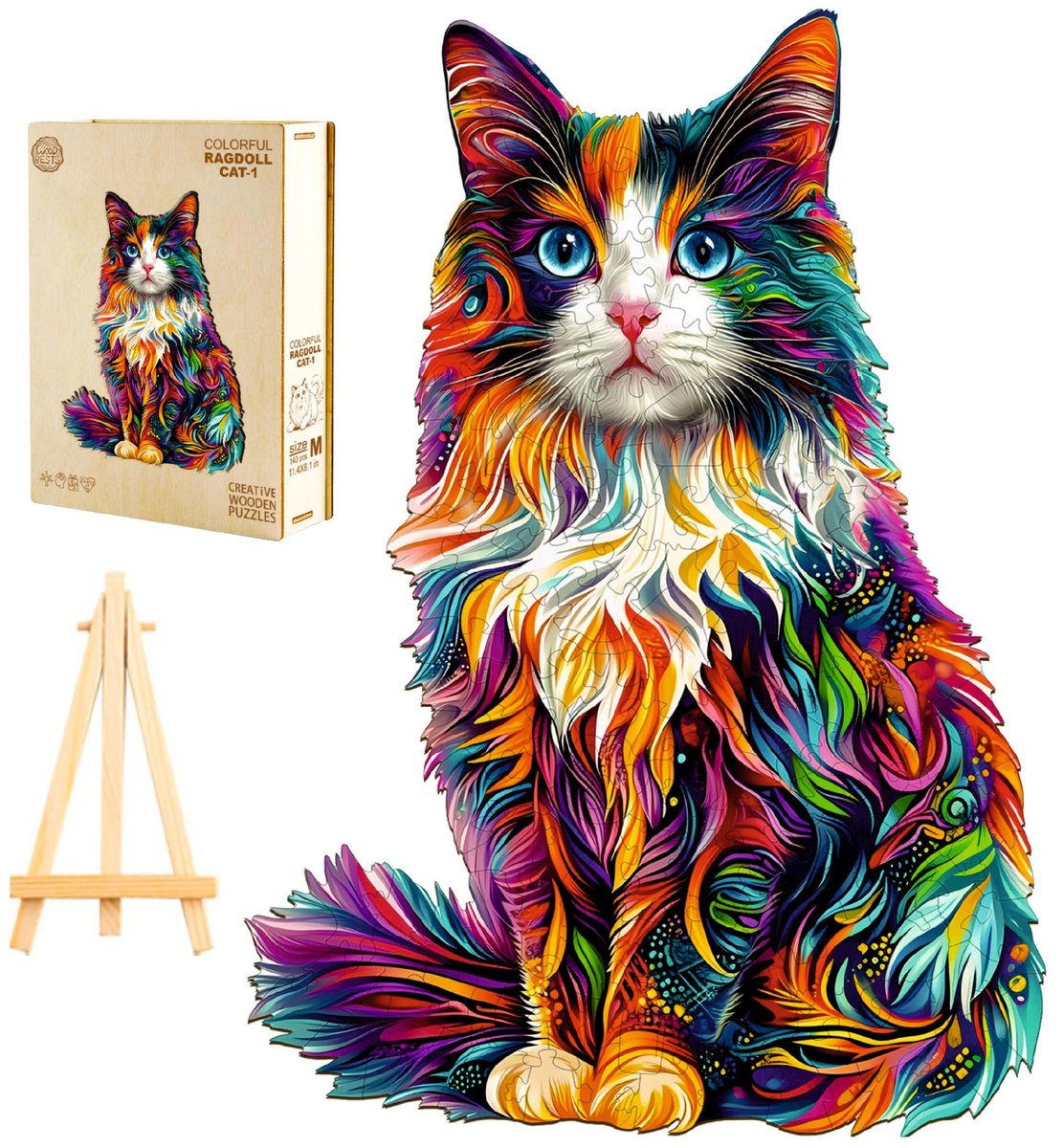 PUZZLE DREWNIANE DUŻE 200 ELEMENTÓW W DREWNIANYM PUDEŁKU KOLOROWY KOTEK