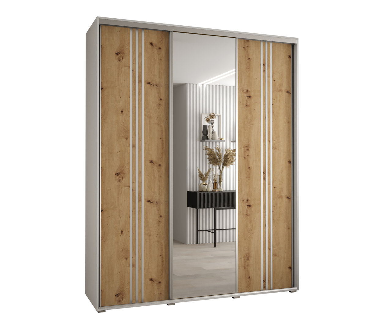 Szafa przesuwna wysoka Davos 7 190 gł. 60 biały + artisan + srebrny