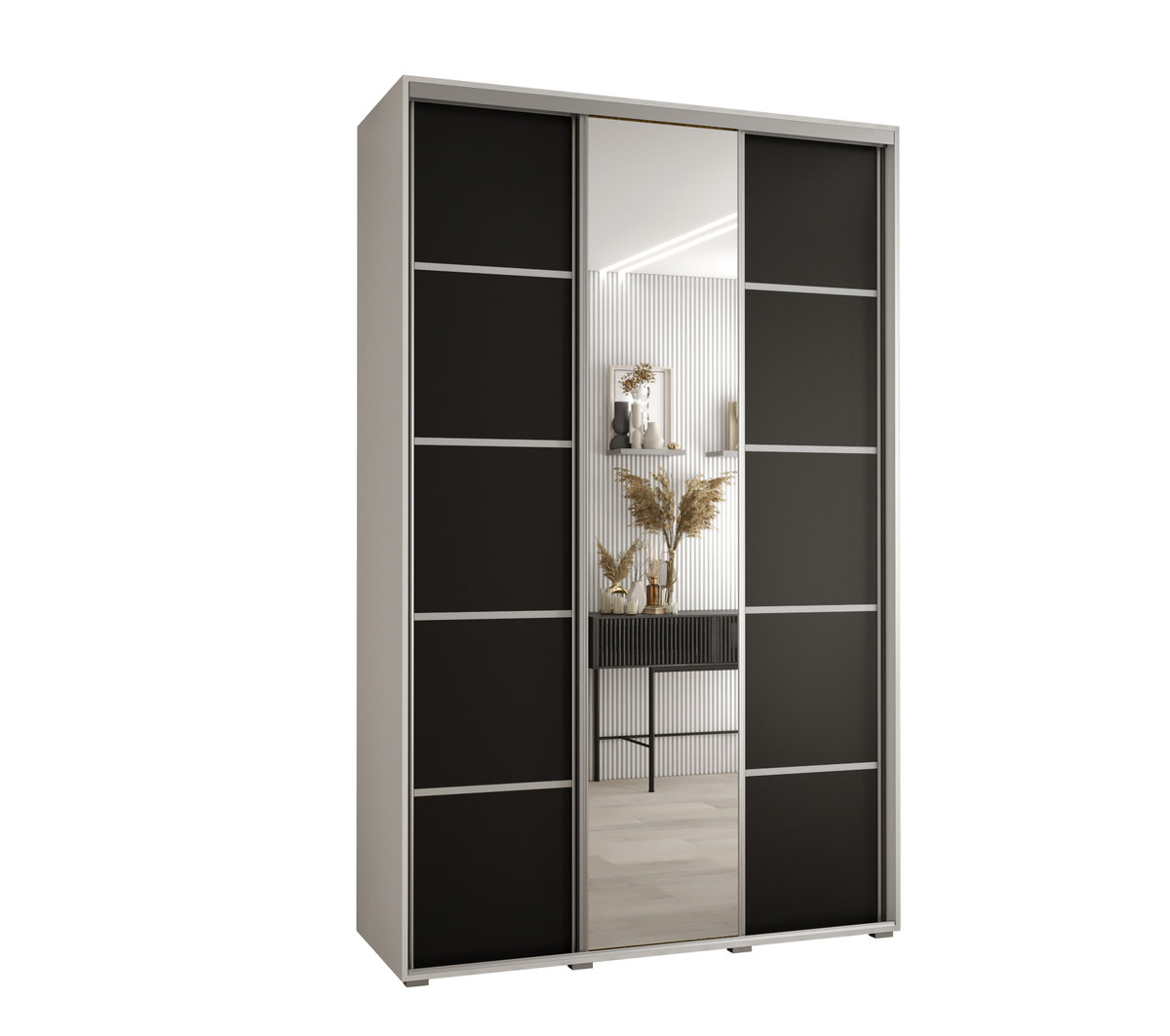 Szafa przesuwna wysoka Davos 5 150 gł. 60 biały + czarny + srebrny / Abiks Meble