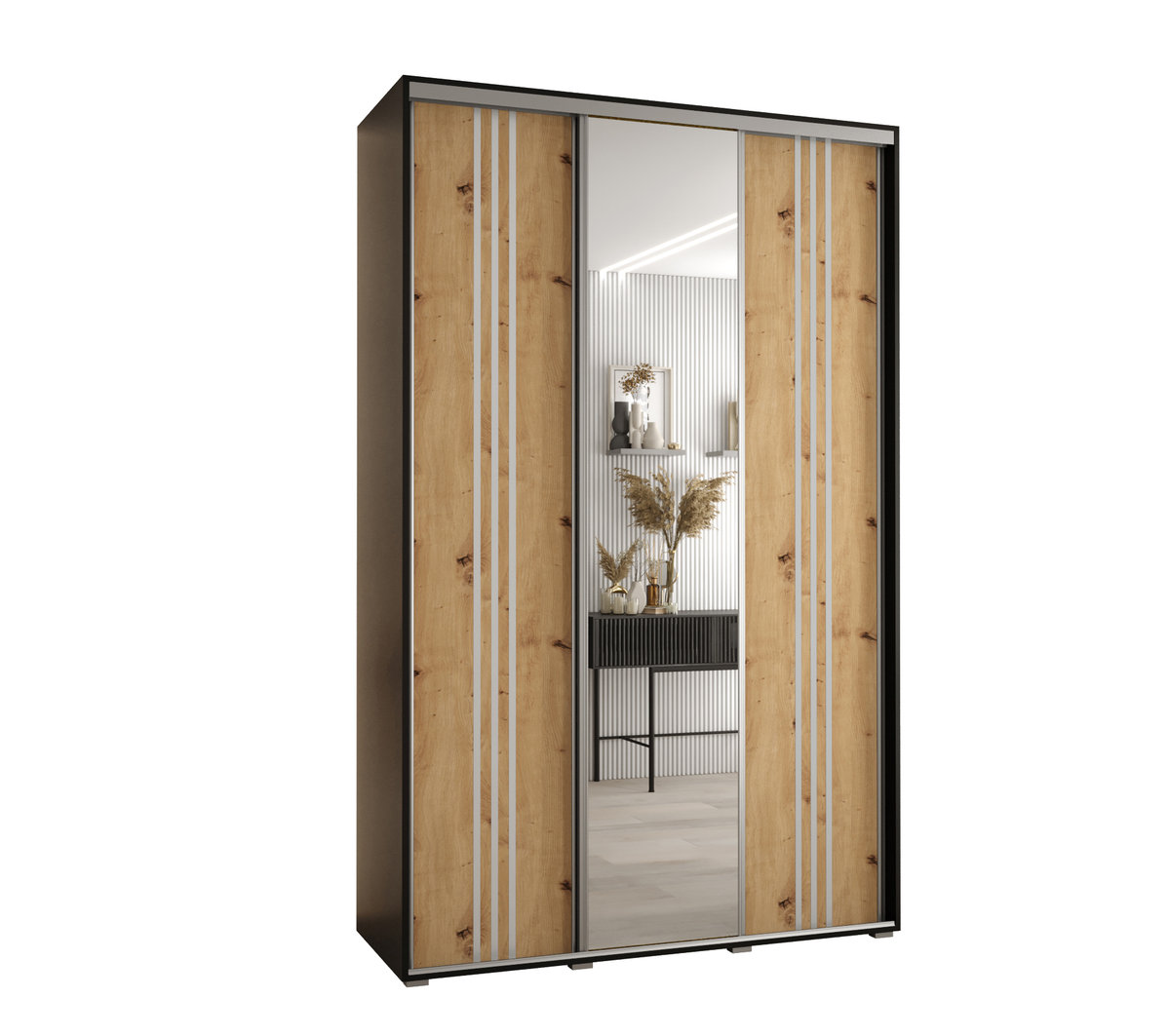 Szafa przesuwna wysoka Davos 7 150 gł. 45 biały + artisan + czarny / Abiks Meble