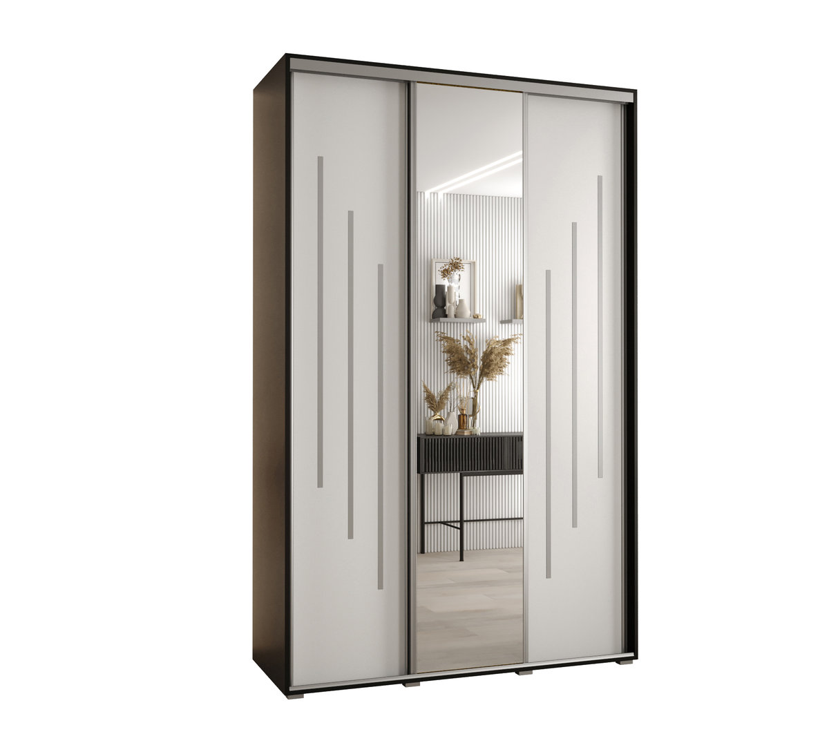 Szafa przesuwna wysoka Davos 9 150 gł. 60 czarny + biały + srebrny / Abiks Meble