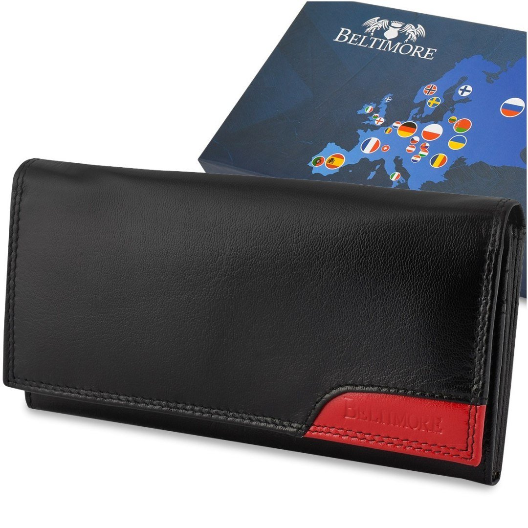 Damski skórzany portfel duży poziomy retro RFiD czarny BELTIMORE 040 czerwony