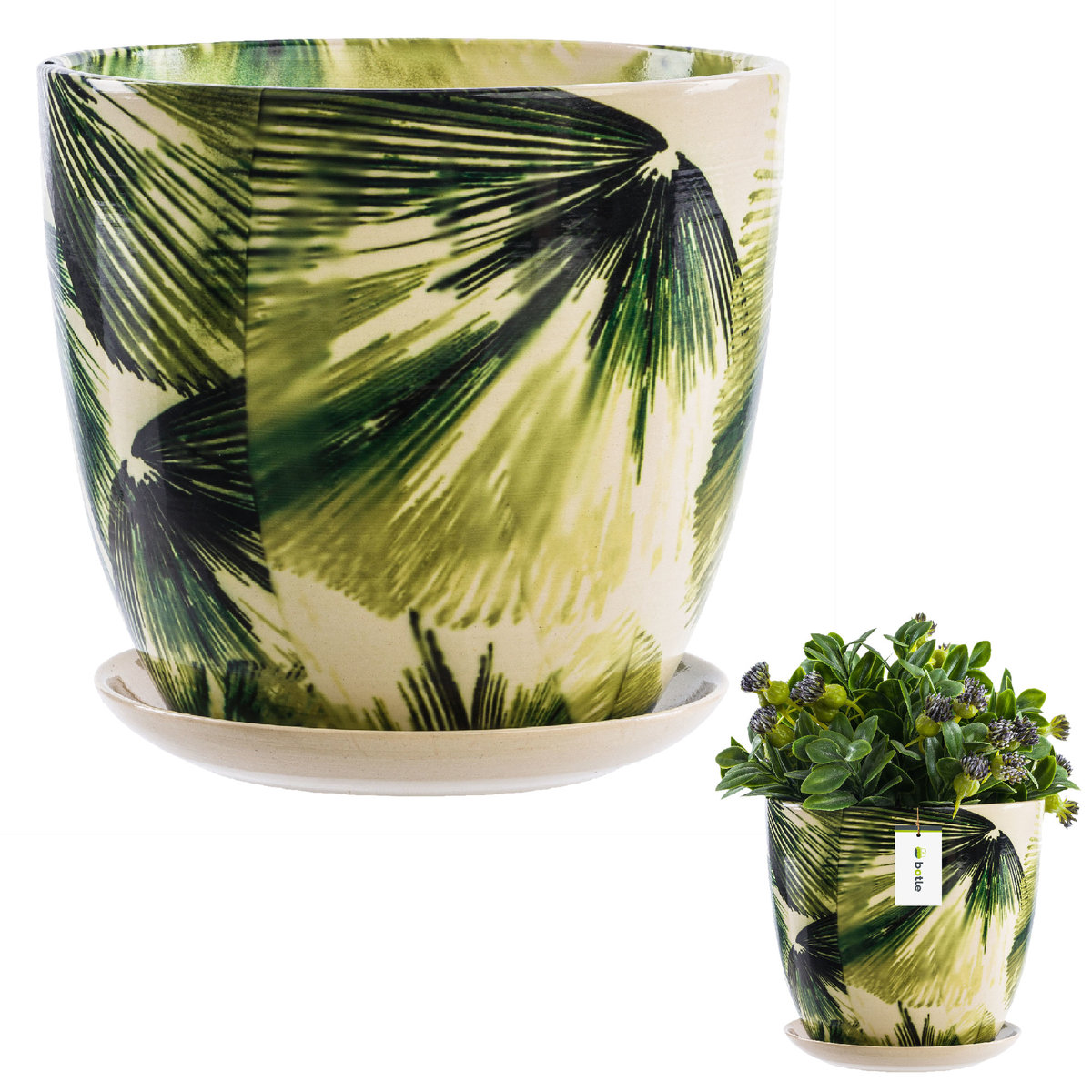Doniczka ceramiczna okrągła Ø14,5 cm H14,5 cm 2,5L zielone liście podstawka