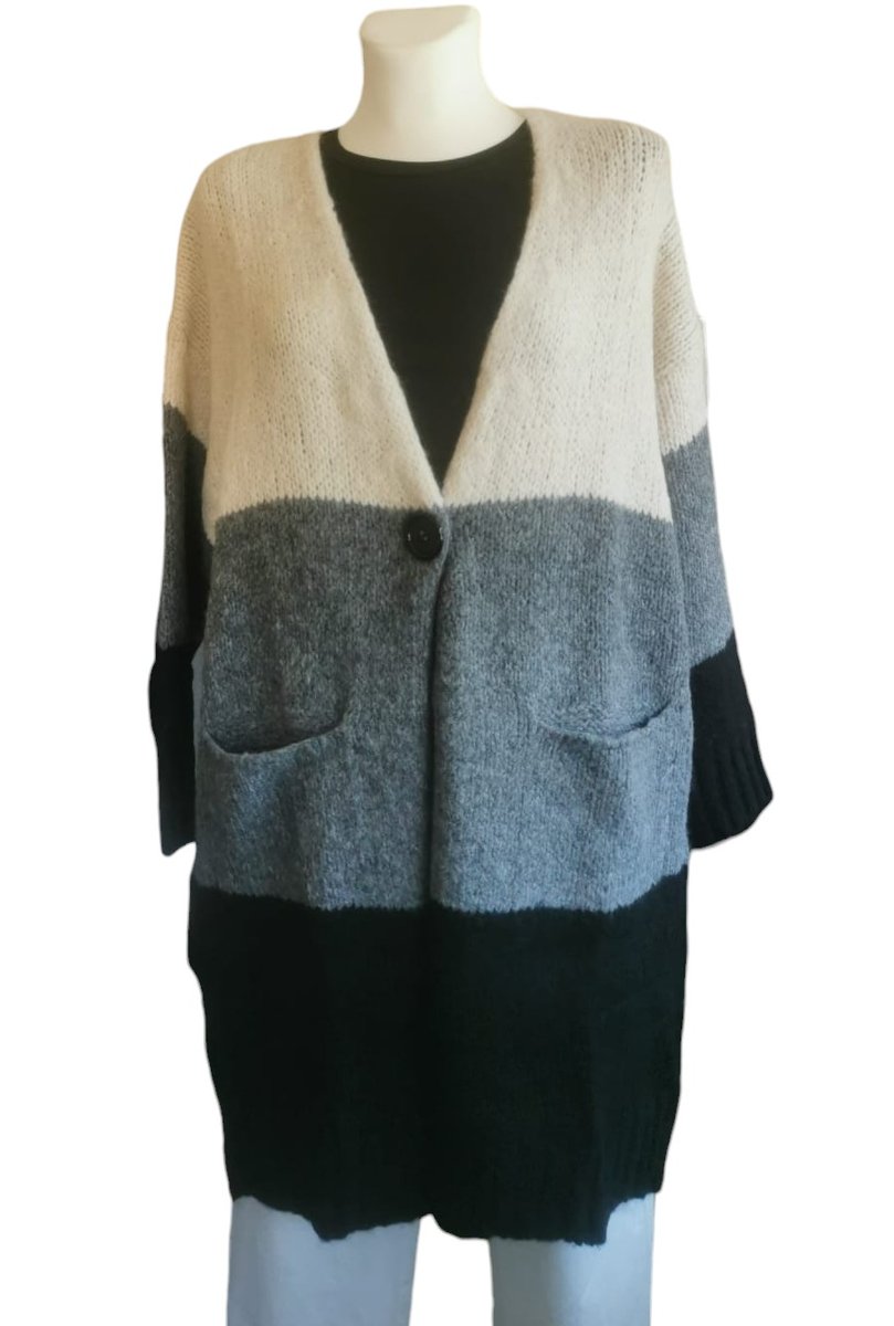 Długi rozpinany kardigan w paski - odcienie szarości / Susymix