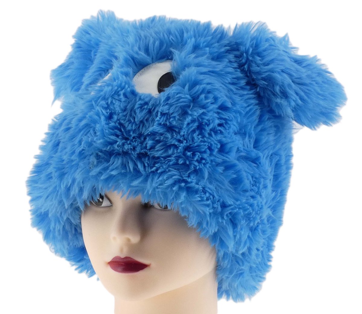 Ciepła Zimowa Czapka Kobieca Z Futerkiem Eco Niebieska Mordka Duże Oczy