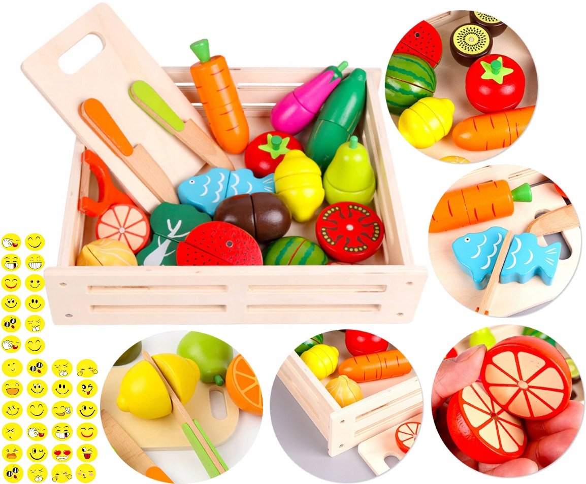 Drewniane Klocki Warzywa Owoce do Krojenia na Magnes ZESTAW XXL + NAKLEJKI