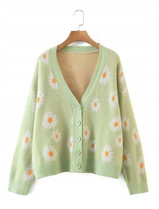 Sweter Damski Zielony Kwiaty Pastelowy z Guzikami
