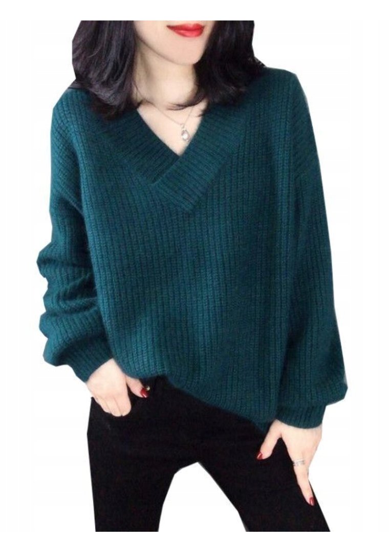 Sweter Damski Prążkowany z Dekoltem w Serek Morski